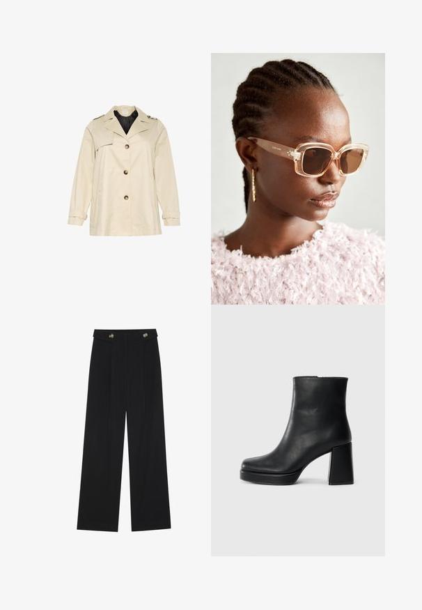 Beige Trenchcoat mit strukturiertem Design, ausgestattet mit einem breiten Kragen, großen vorderen Knöpfen und Manschetten. Er hat Seitentaschen und eine glatte Textur.; Zwei Langarmoberteile, eines schwarz und eines weiß, beide mit einem quadratischen Ausschnitt und aus weichem, dehnbarem Stoff.; Schwarze weite Hosen mit hoher Taille, Knopfdetails am Bund und vorderen Falten.; Schwarze Leder-Stiefelette mit Blockabsatz und Plattformsohle, seitlich auf einem schlichten weißen Hintergrund betrachtet.; Beige übergroße Sonnenbrille mit klarem Rahmen und braun getönten Gläsern, die subtile florale Akzente und ein mutiges, geometrisches Design aufweist.