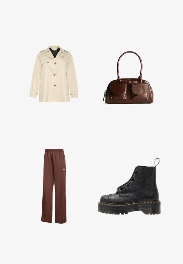 Beige trench coat with a structured design, featuring a broad collar, large front buttons, and cuffs. It has side pockets and a smooth texture.; Kaffe YOKO BOATNECK - Basic T-shirt - zinfandel; Brown athletic pants with a relaxed fit. Made of smooth fabric, featuring side pockets, white stripes, and a small white logo on the thigh.; Black leather ankle boot with textured surface, round toe, lace-up design, yellow stitching, and a thick, ridged black platform sole.; Brown leather handbag with two front flap pockets, rounded handles, and a zipper on the side against a white background.