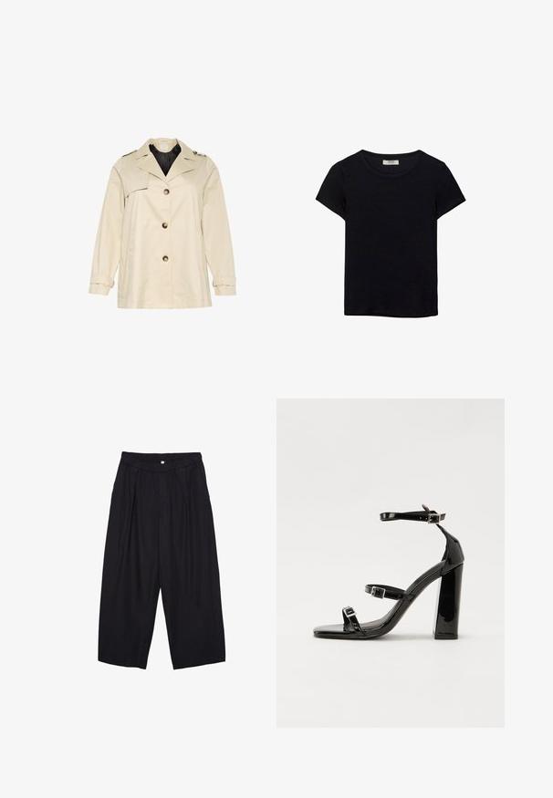 Trench coat beige con un design strutturato, con un ampio colletto, grandi bottoni frontali e polsini. Ha tasche laterali e una texture liscia.; T-shirt nero a maniche corte realizzato in tessuto morbido. Presenta un classico collo rotondo e una vestibilità rilassata. Nessun motivo o accento visibile.; Pantaloni culotte neri in poliestere con una cintura elastica, due pieghe frontali e una silhouette ampia. Nessun motivo visibile o dettagli in metallo.; Sandali con tacco in vernice nera, con punta squadrata, cinturini alla caviglia e fibbie in argento. Presentano un tacco a blocco spesso per maggiore stabilità.