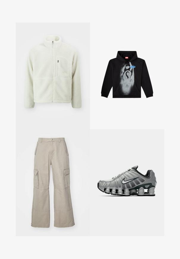 The North Face EXTREME JACKET - Giacca in pile - white dune; Felpa nera con cappuccio in cotone. Presenta una tasca frontale, un cappuccio con cordino e un design a spruzzo grigio con un accento blu sull'etichetta.; Pantaloni cargo in khaki realizzati in cotone misto, con gambe ampie, molteplici tasche laterali e sottili dettagli di cucitura.; Scarpa da corsa Nike grigia e nera con ammortizzazione visibile a molla sotto la suola e logo swoosh bianco di lato.