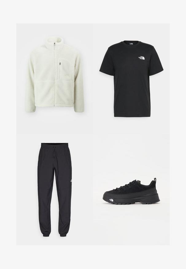 The North Face - Kurtka z polaru; Czarna bawełniana koszulka z krótkimi rękawami, okrągłym dekoltem i małym białym logo na lewej piersi. Prosty design, gładka faktura i luźny krój.; Czarne spodenki sportowe wykonane z lekkiego materiału, z elastycznym pasem na sznurek, bocznymi kieszeniami i zwężanymi mankietami przy kostkach.; Czarne sneakersy outdoorowe z zamszowym wierzchem, teksturowaną gumową podeszwą i solidnym systemem sznurowania. Posiadają wzmocnioną piętę oraz logo marki na boku.