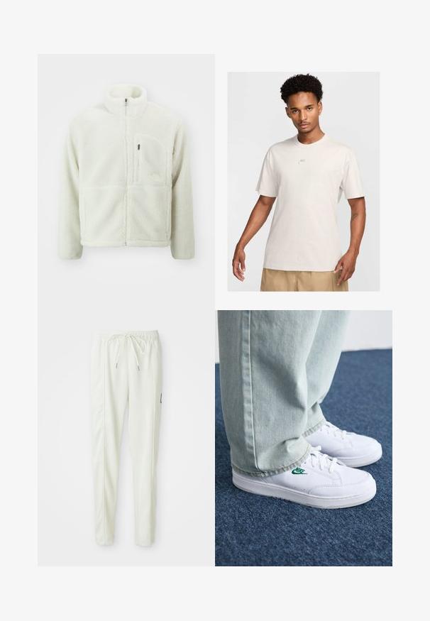 The North Face EXTREME JACKET - Fleece jacket - white dune; Man with short curly hair wears beige Nike t-shirt and khaki shorts, facing forward against plain light background.; White slim-fit jogger pants with elastic waistband and drawstring, featuring side seam detailing and a small black patch on the right leg.; White leather sneakers with green Nike logo, round toe, flat sole, paired with light blue denim pants, shown on a blue carpet.