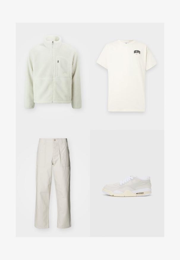 The North Face EXTREME JACKET - Fleecová bunda - white dune; Kravetově bílý bavlněný tričko s krátkým rukávem, na hrudi s nápisem "NIKE SB" v černém a červeném písmu. Standardní kulatý výstřih.; Světle béžové kalhoty s širokými nohavicemi vyrobené z bavlny. Obsahují přední kapsy a zapínání na knoflík. Hladký povrch s jemnými vertikálními pruhy.; Tenisky s lehkým béžovým syntetickým svrškem, bílými šňůrkami a viditelným polstrováním. Mají hladkou podrážku a jemné boční detaily.