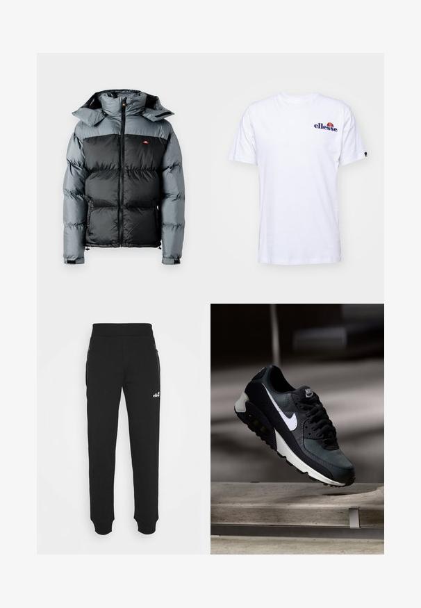 Pūdera jaka ar melnu apakšdaļu un pelēku augšdaļu. Aprīkota ar augstu apkakli, rāvējslēdzēja aizdari un piešūtu kapuci.; Balta kokvilnas T-krekls ar īsām piedurknēm, kas rotāts ar tumši zilā krāsā izšūtu logo uz kreisās krūtis un dzīvīgu krāsu akcentu virs logo.; Melnas sporta bikses, kas izgatavotas no mīkstas auduma, piedāvā sašaurinātu kāju dizainu, elastīgu jostasvietu, sānu kabatas ar rāvējslēdzējiem un mazu logo akcentu.; Melnas un zaļas kedas ar rakstainu sieta augšdaļu, baltu swoosh logo, mīkstu apkakli un redzamu gaisa amortizācijas elementu zolē.