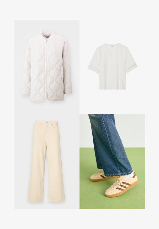 Jachetă ușoară, căptușită, de culoare crem deschis, cu un model de cusături ondulate, fermoar frontal și buzunare laterale; croi lejer și guler ribbat.; Tricou alb cu mânecă scurtă, confecționat din bumbac, cu dantelă decorativă pe marginea mânecilor și un guler rotund.; Blugi bej cu croi larg, din bumbac. Au închidere cu nasture, bucle pentru curea și buzunare frontale, cu o textură netedă și moale.; Tenisi bej cu panouri texturate de culoare crem și dungi maro, asortați cu blugi din denim albastru. Blugii au un croi larg și o margine desfăcută.