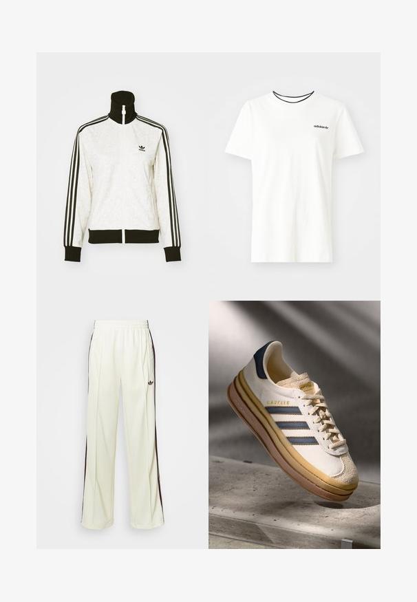 Hvit treningsjakke med mønstrete tekstur, høy krage, svart glidelås og svarte mansjetter. Den har svarte og hvite stripete sideakenter.; Hvit bomull t-skjorte med korte ermer og rund hals. Har en svart Adidas-logo på brystet og en kontrasterende svart indre krage.; Kremfargede joggebukser med en avslappet passform, som har mørkebrune sidestriper og en brodert logo på venstre lår.; Adidas Gazelle sneakers med en kremfarget semsket overdel, blå lærdetaljer, tre blå striper, beige mellomsåle og brun gummi yttersåle.