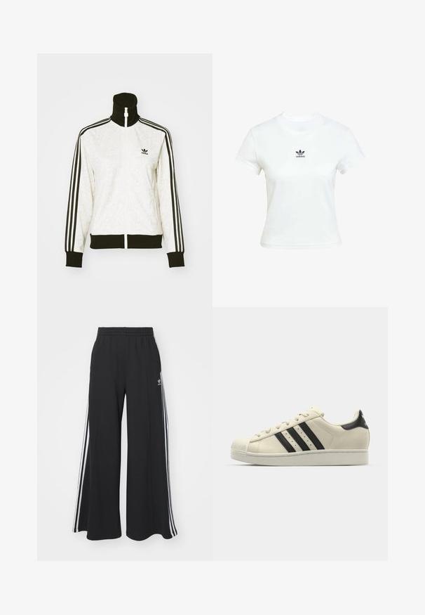 Bijela trenirka s uzorkom teksture, visoki ovratnik, crni patentni zatvarač i crne manžete. Ima crno-bijele pruge sa strane.; Bjela pamučna majica kratkih rukava s okruglim izrezom. Ima crni Adidas logo otisnut na prsima. Jednostavan, minimalistički dizajn.; Crne široke trenirke s elastičnim pojasom, s bijelim bočnim trakama i izvezenim logom na lijevom bedru.; Bijele kožne tenisice s crnim prugama, zaobljenim vrhom, gumenom đonom, teksturiranim gornjim dijelom i sustavom vezivanja. Imaju logo na peti.