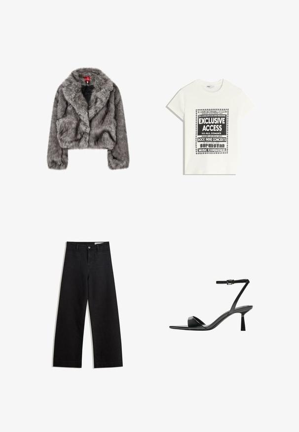 Grijze nep bont cropped jack met een brede kraag, lange mouwen en twee voorzakken. Zachte textuur met een lichte glans.; Witte t-shirt met zwarte tekst ter promotie van een muziek evenement, met de opschriften "Exclusieve Toegang," "Rock Indie Concerten," en "Superster Muziekervaring."; Zwarte denim broek met wijde pijpen en een hoge taille, voorzien van voor- en achterzakken, gestikte naden en een knoopsluiting. Gladde textuur.; Bershka Sandalen met hoge hak - black