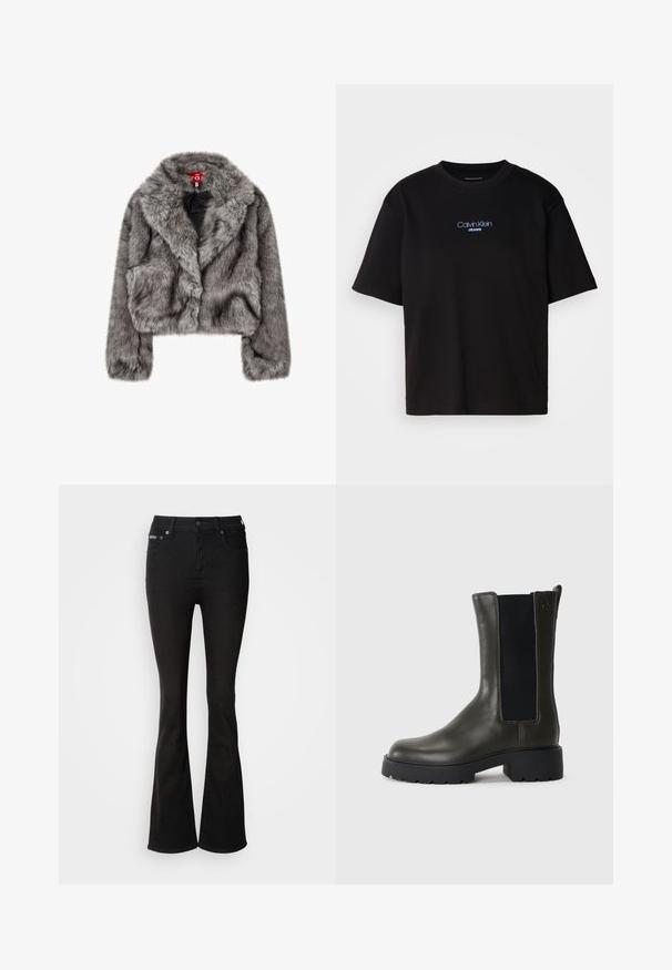Geacă scurtă din blană artificială gri, cu guler lat, mâneci lungi și două buzunare frontale. Textură moale cu un ușor strălucire.; Tricou din bumbac negru cu guler rotund, mâneci scurte și logo-ul brodat în albastru "Calvin Klein JEANS" pe față.; Jeans negre evazati din denim, cu talie înaltă, design cu cinci buzunare și detalii de cusătură subtile. Textură netedă, cu o culoare solidă.; Botine verzi din piele cu panouri elastice pe laterale, vârf rotund și talpă din cauciuc. Încălțămintea are un finisaj texturat și un toc pătrat.