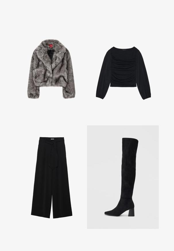 Harmaa tekoturkis lyhythihainen takki, jossa on leveä kaulus, pitkät hihat ja kaksi etutaskua. Pehmeä pinta, jossa on kevyt kiilto.; Musta pitkähihainen paita, jossa on kyynärpäissä ja edessä rypytetty kangasdetalji. Valmistettu pehmeästä, joustavasta materiaalista ja avokorcista kaula-aukosta.; Mustat leveät housut, joissa on teksturoitu kangas, joustava vyötärö ja irrotettava nauha vyötäröllä säädettävää istuvuutta varten.; Musta samettinen polvipitkä saapas, jossa on lohkarekorko, terävä nilkka ja sileä, saumatonta muotoilua tasaisella vaalealla taustalla.