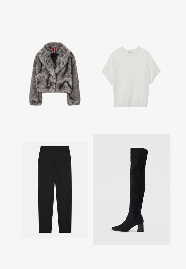 Gray faux fur cropped jacket with a wide collar, long sleeves, and two front pockets. Soft texture with a slight sheen.; White short-sleeve t-shirt with a wide crew neck and textured ribbed pattern, made of soft fabric, featuring a relaxed fit and a clean design.; Black trousers with a tailored design, featuring side pockets and a straight leg. Made from smooth, lightweight fabric with a sleek finish.; Black suede knee-high boot with block heel, pointed toe, and smooth, seamless design on a plain light background.