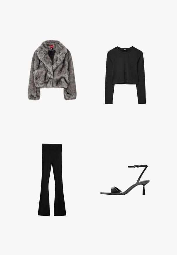 Graue Faux-Fur kurz geschnittene Jacke mit breitem Kragen, langen Ärmeln und zwei Fronttaschen. Weiche Textur mit leichtem Glanz.; Schwarzes, langärmliges, kurz geschnittenes Oberteil mit Rundhalsausschnitt, schlichter Gestaltung und leicht abgerundetem Saum.; Bershka Stoffhose - black; Bershka High Heel Sandalette - black
