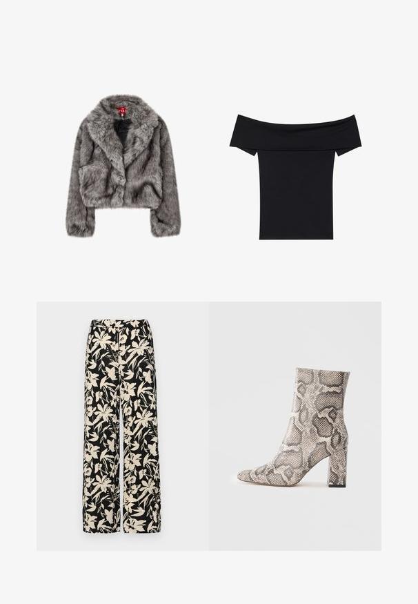 Sivi lažni krzneni skraćeni kaput s širokim ovratnikom, dugim rukavima i dva prednja džepa. Mekana tekstura s blagim sjajem.; Crna majica bez ramena izrađena od mekanog rastezljivog materijala. Ima kratke rukave i prilagođen siluetu. Jednostavan, bezšavni dizajn.; Crne široke hlače s kremastim cvjetnim uzorkom. Izrađene od lagane tkanine, sa glatkom teksturom i visokim pojasom.; Čizme do gležnja s debelim pete u bež i sivoj zmijskoj koži, prikazane na jednostavnoj svijetloj pozadini.