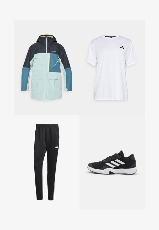 Waterproof jacket in light blue and navy, featuring a hood, multiple front pockets, and a zippered chest pocket with yellow accent.; White athletic t-shirt with short sleeves, made from moisture-wicking fabric. Features a black logo on the left chest and a patterned interior neckline.; Black athletic pants with a stretchy waistband, white side stripes, and a small white logo on the thigh. Made from a smooth, lightweight material.; Black athletic shoes with a textured mesh upper, white accent stripes, a cushioned sole, and a reinforced heel for support.