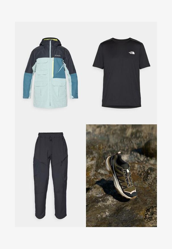 Waterproof jacket in light blue and navy, featuring a hood, multiple front pockets, and a zippered chest pocket with yellow accent.; Black short-sleeve T-shirt made from lightweight fabric. Features a small white logo on the left chest and subtle shoulder accents.; Black cargo pants made from a lightweight, water-resistant material; features elastic waistband, multiple zippered pockets, and tapered legs.; Hiking shoe in olive green and black with pink accents. Features a textured upper, flexible sole, reinforced toe cap, and colorful lacing system.