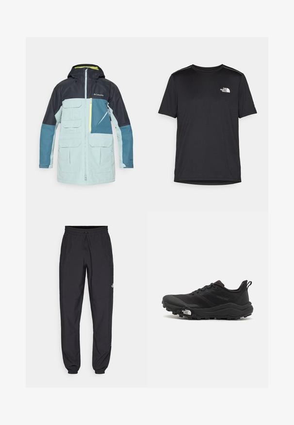 Waterdichte jas in lichtblauw en marineblauw, met een capuchon, meerdere voorzakken en een ritsborzak met gele accenten.; Zwarte T-shirt met korte mouwen, gemaakt van lichtgewicht stof. Bevat een klein wit logo op de linkerborst en verfijnde schouderaccenten.; Zwarte sportieve broek gemaakt van lichtgewicht stof, met een trekkoord in de taille, zijzakken en taps toelopende boorden bij de enkels.; Zwarte trailrunning schoen met een gestructureerde bovenkant, rubberen zool en versterkte neus. Voorzien van een gevoerde kraag en een trekhaak voor eenvoudig aan- en uittrekken.