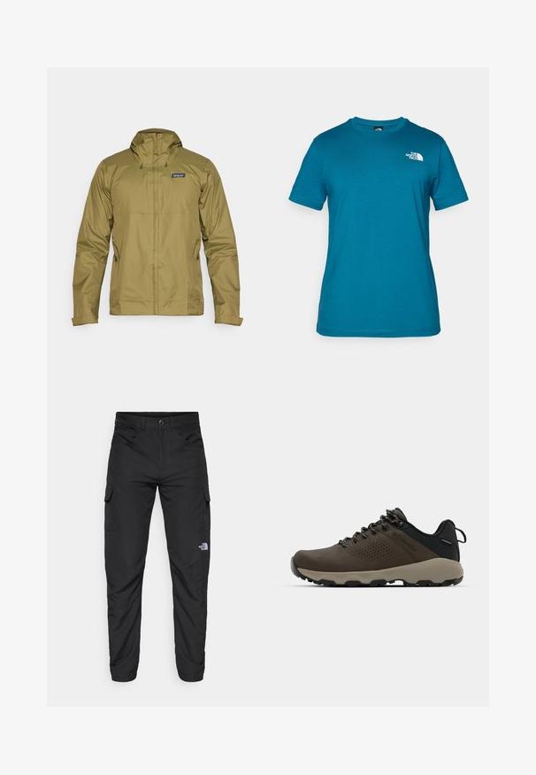 Olivgrüne wasserdichte Jacke mit Kapuze, Frontreißverschluss und verstellbaren Zugbändern; verfügt über ein Logo auf der oberen linken Brustseite.; Türkises T-Shirt mit kurzen Ärmeln aus weicher Baumwolle, versehen mit einem weißen Logo auf der linken Brust und einem klassischen Rundhalsausschnitt.; The North Face HORIZON PANT - Outdoor-Hose - black; Braune wasserdichte Sneakers mit einer strukturierten Oberseite, perforierten Akzenten, schwarzem Fersenschutz und einer grauen Gummisohle. Die Schnürsenkel sind mit metallischen Enden gestaltet.