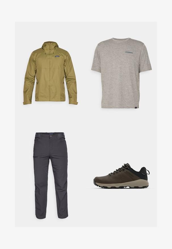 Olivenfarget vanntett jakke med hette, frontlås og justerbare snorer; har et logo på øverste venstre brystområde.; Grå kortermet t-skjorte laget av mykt, teksturert stoff med en liten blå Patagonia-logo på venstre bryst. Ingen ekstra mønstre.; Mørkegrå bukser laget av slitesterkt stoff, med glidelåslomme, rett snitt og beltestropper for justerbar passform.; Brune vanntette joggesko med teksturert overdel, perforerte detaljer, svart hæl støtte og en grå gummisåle. Snøring er stilisert med metalliske ender.