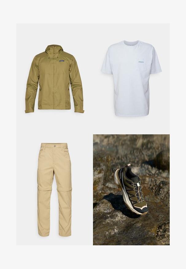 Olive roheline veekindel jakk kapuutsiga, esimeses lukus ja reguleeritavate nööridega; esiküljel on logo vasakul rinnal.; Valge puuvillane t-särk lühikeste varrukatega, ümar kaelus ja vasakpoolne rinnatasku koos sinise "Patagonia" logoga. Klassikaline lõige, sileda tekstuuriga.; Beezhides zip-off püksid sujuva tekstuuriga, kus on kaks küljetaskut, nööbiga sulgu ja mugavust lisavad keeratavad varrukad.; Olive rohelised ja mustad matkasaapad roosade aktsentidega. Omab tekstuurset ülemist osa, painduvaid põhi, tugevdatud varbakaitset ja värvilist paeltesüsteemi.