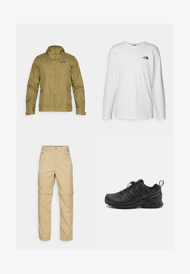 Giacca impermeabile verde oliva con cappuccio, zip frontale e cordini regolabili; presenta un logo sull'area superiore sinistra del torace.; T-shirt bianco a maniche lunghe in cotone con colletto rotondo. Presenta un piccolo logo nero sul petto. Texture liscia, vestibilità regolare.; Pantaloni beige con zip-off, in tessuto morbido, dotati di due tasche laterali, chiusura con bottone e orli arrotolabili per maggiore versatilità.; Scarpa sportiva nera con parte superiore in sintetico testurizzato, suola imbottita e sistema di allacciatura rapida. Presenta una punta e un tallone rinforzati.
