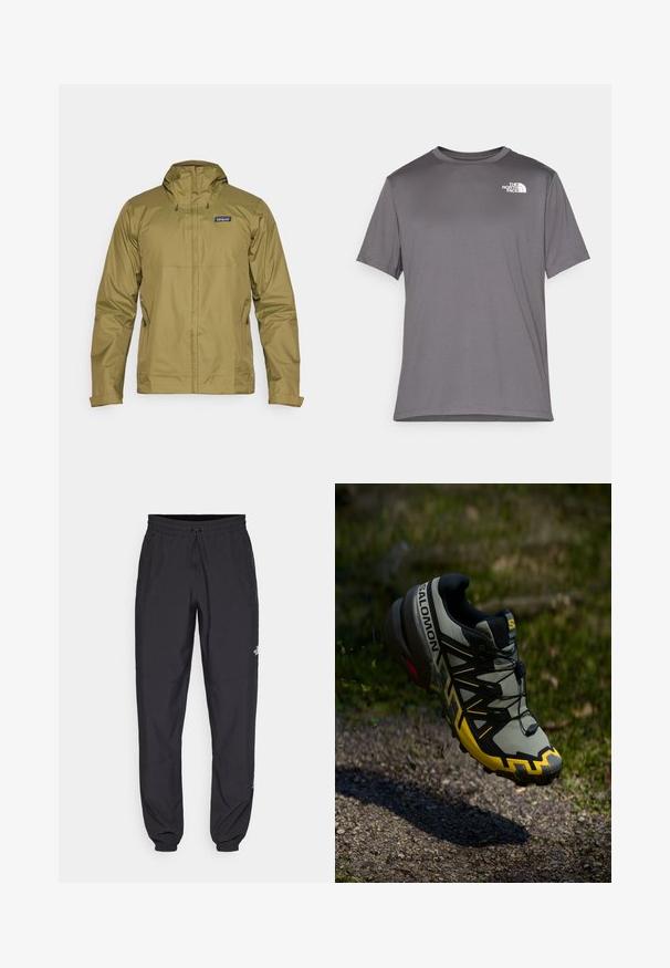 Olíva zöld vízálló dzseki kapucnival, elülső cipzárral és állítható zsinórokkal; a bal felső mellen logóval rendelkezik.; Szürke, rövid ujjú sportpóló sima, könnyű anyagból. Bal mellen fehér logó található. Kerek nyakú kialakítás.; Fekete sportnadrág, könnyű anyagból készült, húzózsinóros derékkal, oldalsó zsebekkel és szűkített szárakkal a bokáknál.; Salomon terepfutó cipő tompa szürke színben, élénk sárga kiegészítőkkel. Jellemzője a texturált talp, a biztos fűzési rendszer és a párnázott boka rész.