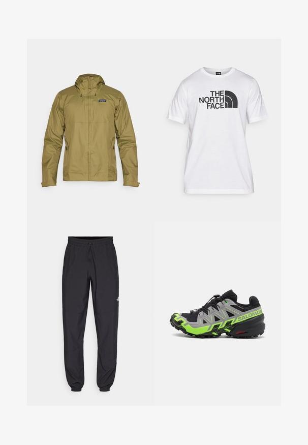 Olive green waterproof jacket with a hood, front zipper, and adjustable drawstrings; features a logo on the upper left chest area.; White cotton t-shirt featuring a black graphic print with text and a curved logo design. Round neckline and short sleeves. Plain texture.; Black athletic pants made from lightweight fabric, featuring a drawstring waistband, side pockets, and tapered cuffs at the ankles.; Black and gray trail running shoe with bright green accents, featuring a textured sole, advanced lacing system, and rugged design.