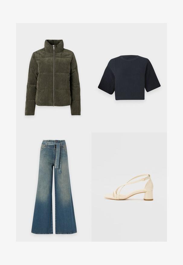 Olivza zaļa korduroja pūkains mētelis ar augstu apkakli, priekšējo rāvējslēdzēju un ribotu tekstūru. Iespējo pildītas sadaļas ar maigu apdari.; Tumši zili izgriezts adīts džemperis ar ribotu tekstūru, īsām platām piedurknēm un apaļu kakla izgriezumu. Vienkāršs dizains, bez redzamām rakstu vai akcentiem.; Platām kājām džinsu bikses ar gaismas līdz tumši zilam gradientam, augstu jostas līniju, jostas cilpām un atbilstošu auduma jostu. Tekstūrēts džinsas apdare.; Beige augstiem papēžiem ar bloku, ar siksniņu dizainu un regulējamu potītes siksniņu, izgatavoti no gludas sintētiskas materiāla ar matētu apdari.