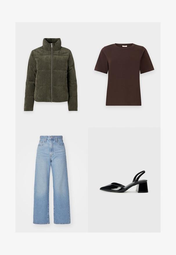 Olive green corduroy puffer jacket with a high collar, front zipper, and ribbed texture. Features padded sections with a soft finish.; Brown cotton t-shirt with a classic crew neck, short sleeves, and a straight hem. Soft texture, no patterns or embellishments.; Light blue high-waist wide-leg jeans with front button and zip closure, front and back pockets, on a white background.; Black patent leather slingback heels with a pointed toe and a geometric block heel. Features a sleek, minimal design and smooth texture.