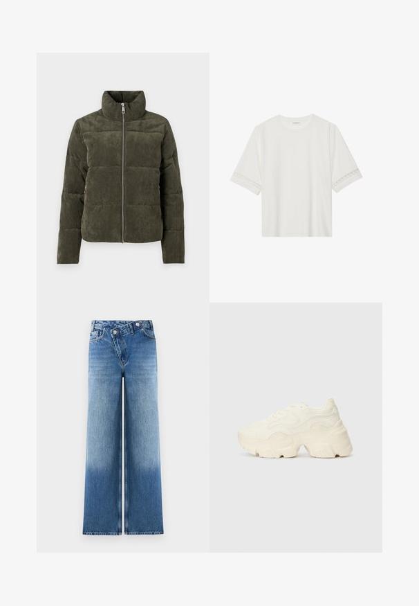 Alyvuogių žalios kordūro tipo pūkinės striukės su sparnu, priekiniais užtrauktukais ir grioveliais tekstūra. Ypatumai: paminkštintos dalys su minkštu paviršiumi.; Balta trumpomis rankovėmis marškinėliai, pagaminti iš medvilnės, su dekoratyviais nėriniais aplink rankoves ir apvaliu kaklu.; Šviesiai mėlynos plačios kojų džinsai su išblukusia danga, turintys klasikinį penkių kišenių dizainą ir metalinius mygtukus juosmens srityje.; Masyvios baltos sportbačiai, pagaminti iš tekstūruoto tinklelio ir sintetinių medžiagų, pasižymintys storu padu ir išsamiu raštų detalizavimu šonuose.