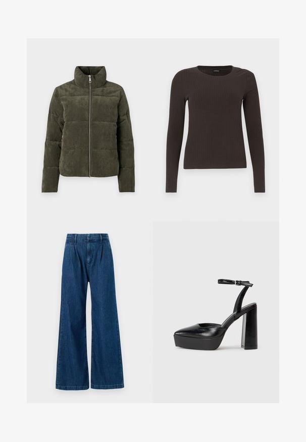 Olivgrön kordflodjacka med hög krage, framdragkedja och ribbad struktur. Har stoppade sektioner med mjuk yta.; Brun långärmad ribbad topp med rundad halsringning. Tillverkad av ett mjukt, elastiskt material, med en figurnära silhuett och minimala detaljer.; Breda denimbyxor i mörkblått. Har en plisserad front och sömdetaljer vid midjan och fållen. Tillverkade av bomullstyg.; Svarta plattformsskor med spetsig tå och justerbart vristband. Tillverkade av mjukt läder, med en kraftig blockklack.