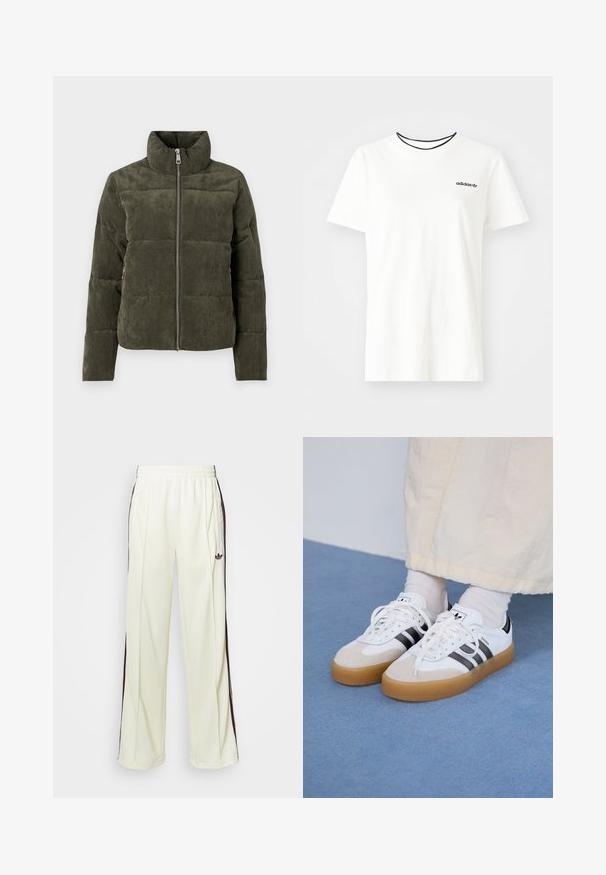 Casaco puffer em corduroy verde-oliva com gola alta, fecho frontal e textura canelada. Apresenta secções acolchoadas com um acabamento suave.; T-shirt de algodão branca com mangas curtas e decote redondo. Apresenta um logo preto da Adidas no peito e uma gola interna preta em contraste.; Calças de moletom de cor creme com um ajuste descontraído, apresentando riscas laterais castanhas-escuras e um logótipo bordado na coxa esquerda.; Ténis brancos com riscas pretas e detalhes em camurça bege. Apresentam uma sola de borracha texturizada e atacadores brancos lisos, usados com meias de tom claro.