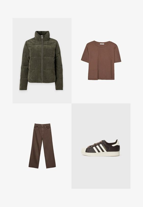 Olivno zelena kordna bufer jakna z visokim ovratnikom, sprednjim zadrgo in rebrasto teksturo. Ima oblazinjene sekcije z mehkim zaključkom.; Rjava kratka majica s kratkimi rokavi iz mehkega materiala, s krožnim izrezom in ohlapnim krojem. Brez vidnih vzorcev ali dodatkov.; Široke rjave kavbojke iz denima, ki imajo visok pas, sprednje žepe in klasično zapiranje na gumb. Gladka tekstura s subtilnim šivom.; Nizki adidas Superstar copat iz temno rjavega usnja s kremasto školjkasto konico, belimi črtami in napisom "Superstar" na strani.