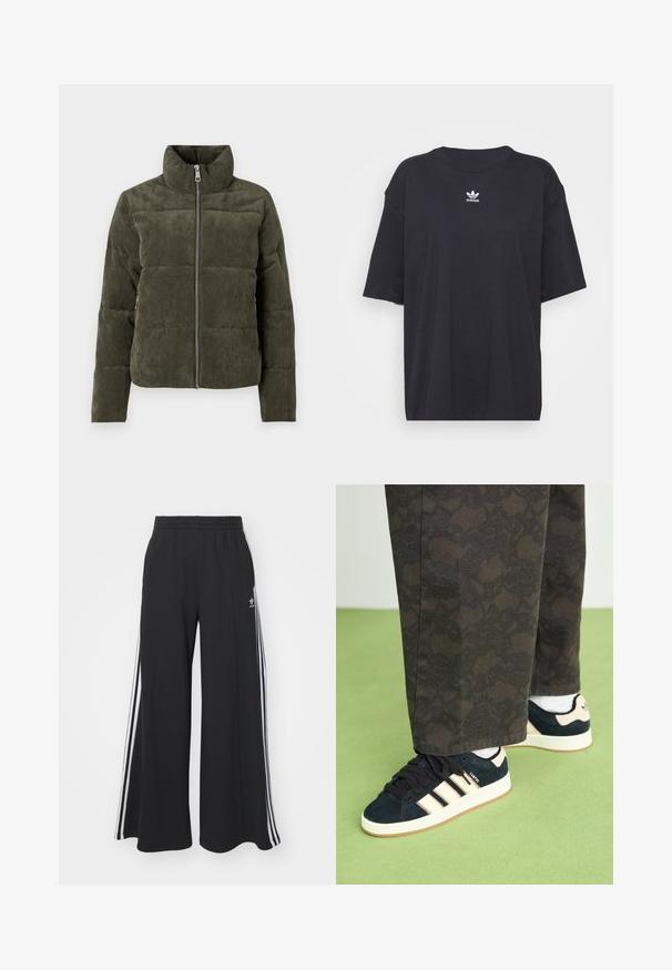Olivno zelena kordna bufer jakna z visokim ovratnikom, sprednjim zadrgo in rebrasto teksturo. Ima oblazinjene sekcije z mehkim zaključkom.; Črna bombažna majica s kratkimi rokavi in okroglo ovratnikom, ki na prsih prikazuje bele Adidasove logotip. Enostaven dizajn, sproščen kroj.; Črne široke trenirke z elastičnim pasom, ki imajo bele stranske proge in vezeno logo na levi stegna.; Črne in vzorčaste hlače v kombinaciji z mornarsko modrimi semiš teniskami z medeni črtami in belimi podplati. Površine so prikazane kot teksturirane in ravne.