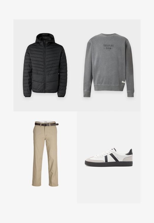 Giubbotto imbottito nero leggero con cappuccio, dotato di chiusura con zip e polsini a coste. La superficie esterna presenta un motivo trapuntato per l'isolamento.; Felpa grigia a maniche lunghe con collo rotondo, con la scritta "SURPLUS DNM" stampata in nero sul petto e un piccolo etichetta bianca vicino all'orlo.; Pantaloni in cotone beige con taglio dritto, dotati di passanti per cintura, una cintura in pelle marrone e un design classico. Texture liscia e resistente.; Sneaker bianco con accenti neri e grigi, dotata di una punta grigia testurizzata, suola in gomma nera e lacci bianchi piatti. Design pulito, stile minimalista.