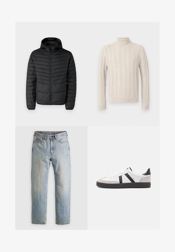 Lett svart dunjakke med hette, med glidelås og ribbestrikkede mansjetter. Yttersiden har et kviltet mønster for isolasjon.; Beige, strikket genser med høy, ribbestrikket turtleneck. Har et strukturert mønster med kabel og ribbestrikkede mansjetter og kant, som gir et koselig utseende.; Lys blå denim jeans med høy midje, frontknapp, glidelås og fem-lommers design, lagt flatt på en nøytral bakgrunn.; Hvite sneakers med svarte og grå detaljer, med en teksturert grå tåhette, svart gummisåle, og flate hvite lisser. Rent design, minimalistisk stil.