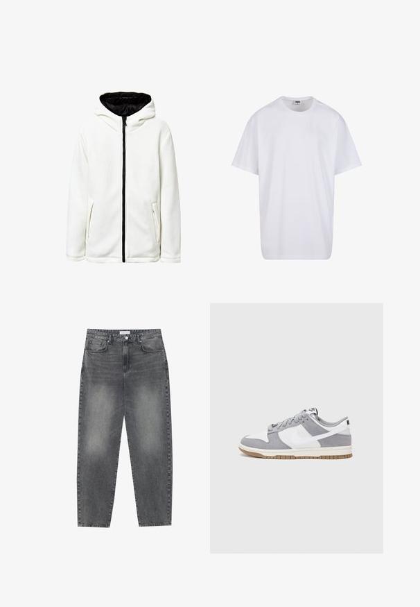 Giacca bianca con cappuccio, caratterizzata da un design testurizzato a coste. Presenta una zip nera, un cappuccio foderato e due tasche laterali.; Maglietta bianca in cotone con maniche corte, scollatura rotonda, vestibilità comoda e senza loghi o motivi visibili. Texture liscia e design minimale.; Jeans a vita alta, dal taglio ampio in denim nero sbiadito. Presentano cinque tasche, passanti per cintura e un design dritto e pulito.; Le sneakers Nike presentano una tomaia in camoscio grigio e pelle bianca con perforazioni, lacci rotondi e una suola in gomma per una migliore aderenza.