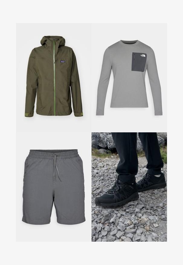 Olivengrüne wasserdichte Jacke mit einem Frontreißverschluss, verstellbarem Kapuze und elastischen Bündchen. Sie verfügt über ein Logo-Patch auf der linken Brust und kontrastierende grüne Akzente.; Langärmliges graues Shirt aus strukturiertem Stoff, mit einer dunkelgrauen Brusttasche und einem Reißverschluss. Logo in Weiß auf der Tasche.; Graue Shorts aus leichtem Material mit elastischem Bund und Kordelzug. Sie verfügen über eine glatte Textur und eine Länge über dem Knie.; Schwarze Outdoor-Schuhe aus Mesh und synthetischem Material, mit einer strukturierten Oberseite, gesichertem Schnürsystem und griffiger Laufsohle, auf felsigem Gelände.