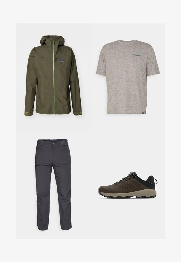 Olivengrøn vandtæt jakke med frontlynlås, justerbar hætte og elastiske manchetter. Har en logopatch på venstre bryst og kontrasterende grønne detaljer.; Grå kortærmet t-shirt lavet af blødt, struktureret stof med et lille blåt Patagonia-logo på venstre bryst. Ingen yderligere mønstre.; Mørkegrå bukser lavet af holdbart stof, med en lynlåslomme, lige snit og bæltestropper for justerbar pasform.; Brune vandtætte sneakers med en tekstureret overflade, perforerede akcenter, sort hælunderstøttelse og en grå gummisål. Snørebåndene er udsmykket med metalender.