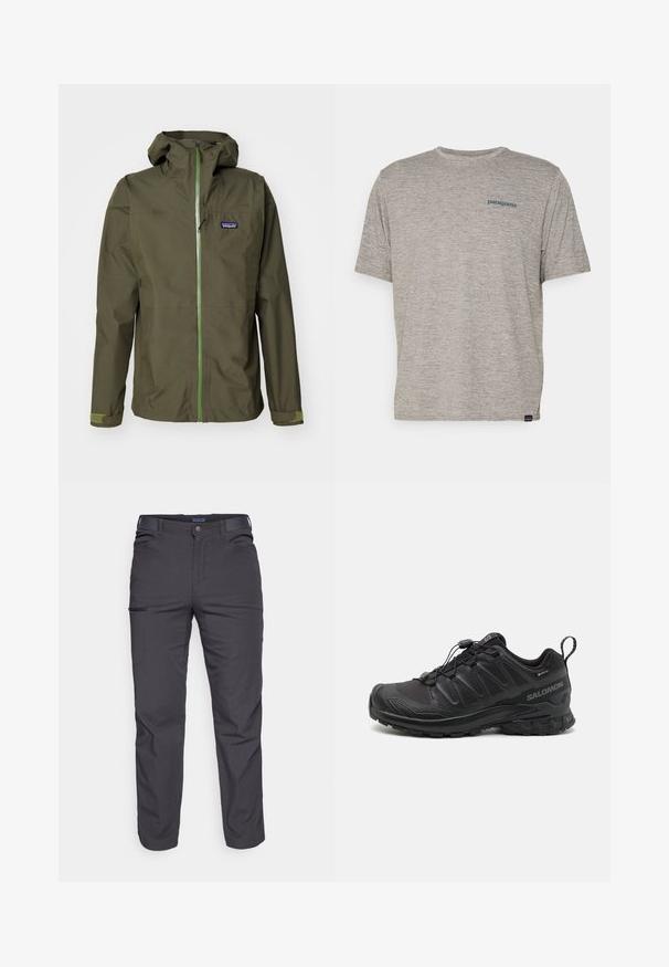 Maslinasto zelena vodootporna jakna s prednjim patentnim zatvaračem, podesivom kapuljačom i elastičnim manžetama. Sadrži logotip na lijevoj strani grudi i kontrastne zelene detalje.; Siva majica kratkih rukava izrađena od mekane, teksturirane tkanine s malim plavim Patagonia logotipom na lijevoj strani prsiju. Bez dodatnih uzoraka.; Tamno sivi hlače od izdržljive tkanine, s patentnim zatvaračem na džepu, ravnog kroja i s petljama za remen za podešavanje veličine.; Crne atletske cipele s teksturiranim sintetičkim gornjim dijelom, podstavljenim đonom i sustavom brzog vezivanja. Imaju ojačani nos i petu.