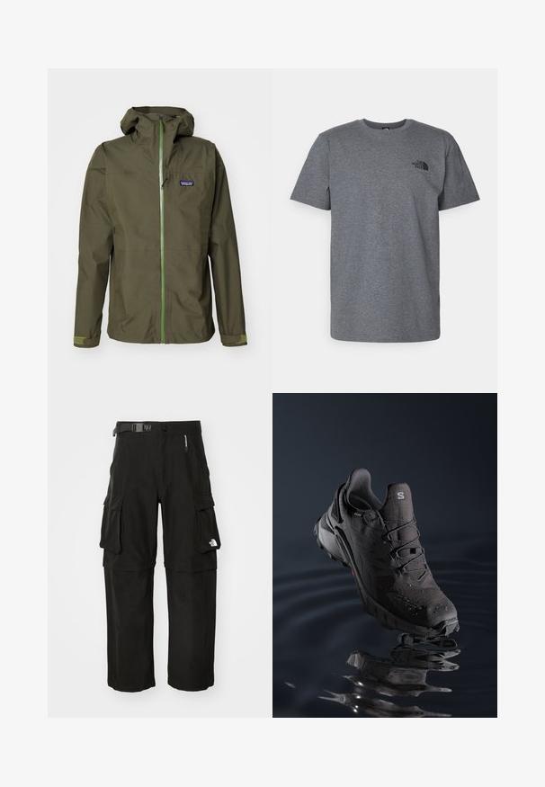 Olivengrüne wasserdichte Jacke mit einem Frontreißverschluss, verstellbarem Kapuze und elastischen Bündchen. Sie verfügt über ein Logo-Patch auf der linken Brust und kontrastierende grüne Akzente.; Graues Baumwoll-T-Shirt mit kurzen Ärmeln, rundem Ausschnitt und schwarzem Logo auf der oberen linken Brustseite. Weicher Stoff mit lässigem Schnitt.; Schwarze Cargo-Hosen aus robustem Material, mit mehreren Taschen, einem Gürtel und einem Logo am unteren Bein. Gerader Schnitt mit einer glatten Textur.; Schwarzer Trailrunning-Schuh mit strukturiertem Obermaterial, Schnürsystem und Gummisohle. Verfügt über wasserabweisendes Material und rote Akzente.