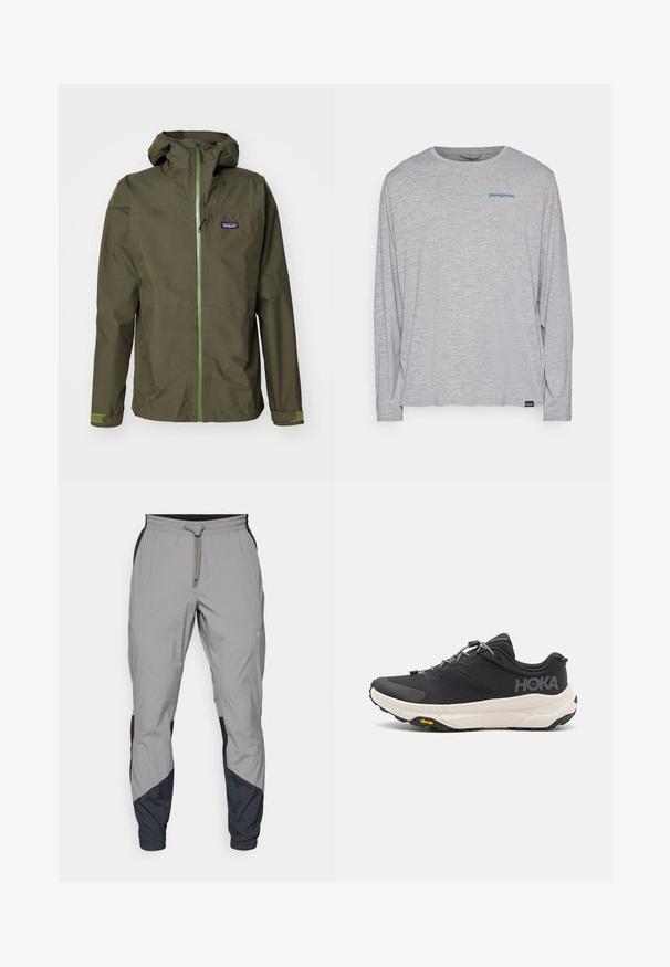 Veste imperméable vert olive avec une fermeture éclair à l'avant, capuche ajustable et poignets élastiques. Elle comporte un écusson logo sur la poitrine gauche et des accents verts contrastants.; T-shirt à manches longues gris clair en tissu doux et texturé. Il présente un col rond et un petit logo Patagonia bleu sur la poitrine.; Pantalons de sport légers, gris, avec des accents noirs. Ceinture élastique, fermeture à cordon, design à jambes fuselées et poches latérales.; Chaussure de sport noire avec un dessus texturé, accents gris, détails réfléchissants et une semelle blanche épaisse arborant la marque Vibram.