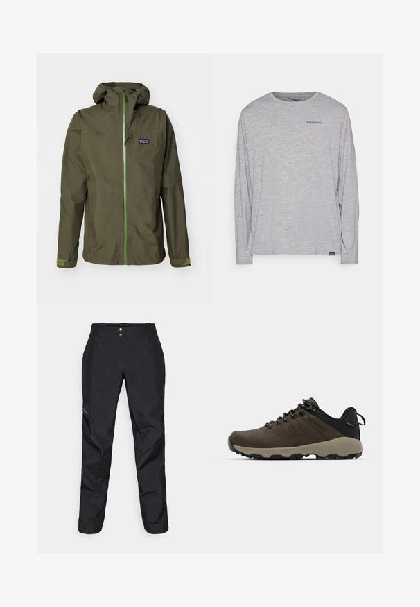 Jachetă impermeabilă de culoare verde măsliniu, cu fermoar frontal, glugă ajustabilă și manșete elastice. Prezintă un patch cu logo pe pieptul stâng și accente contrastante verzi.; Tricou cu mânecă lungă de culoare gri deschis, realizat dintr-un material moale și texturat. Are un gât rotund și un mic logo al brandului Patagonia de culoare albastră pe piept.; Pantaloni negri impermeabili cu o textură netedă, cu două butoane în față și un design cu picior îngust. Accentuati cu un logo pe lateral.; Adidași impermeabili maro, cu un superior texturat, accente perforate, suport pentru călcâie negru și o talpă din cauciuc gri. Șireturile au vârfuri metalice.