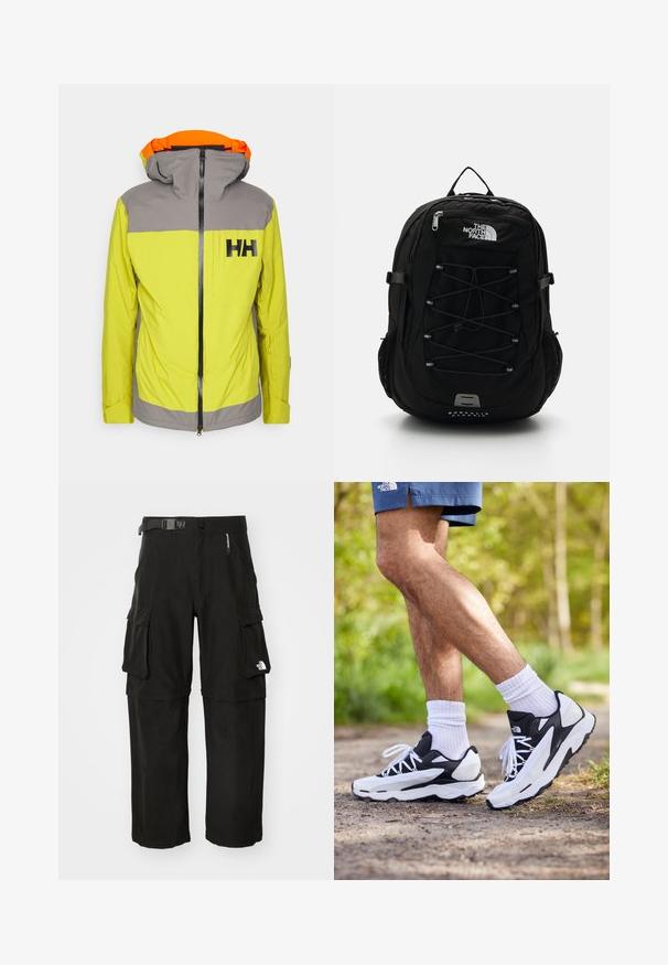 Jasnożółta kurtka z szarymi akcentami, zapinana na zamek z przodu, z kapturem mającym pomarańczowe wnętrze. Zawiera kieszeń na piersi i szczegół z logo.; The North Face - Bluzka z długim rękawem; Czarne spodnie cargo wykonane z trwałego materiału, z wieloma kieszeniami, paskiem i logo na dolnej części nogawki. Prosty krój z gładką teksturą.; Czarno-białe buty sportowe z siateczkową cholewką, teksturowanymi akcentami i białymi sznurówkami. Noszone z białymi skarpetkami do kostek i granatowymi szortami na ścieżce.; Czarny plecak o eleganckim designie, z przodem z gumką, siateczkowymi kieszeniami po bokach i logo. Wykonany z trwałego materiału.