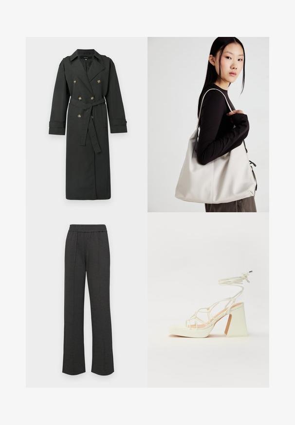 Donkergroene trenchcoat met een dubbelgeknoopt ontwerp, goudkleurige knopen, een riem in de taille en lange mouwen met manchet-detail.; Set van drie korte mouwen t-shirts in zwart, grijs en wit. Gemaakt van katoen, met een ronde hals en een eenvoudig, effen kleurontwerp.; Zwarte rechte broek met een elastische tailleband, een plooi aan de voorkant, zacht materiaal en geen zichtbare patronen of hardwaredetails.; Witte hoge hakken sandaal met een chunky hak, met een bandjesontwerp en enkelband. Gladde textuur met een plateau voor extra hoogte.; Beige handtas gemaakt van zacht materiaal, met een slonzig ontwerp, gestikte details en twee schouderbanden. Geschikt voor dagelijks gebruik.