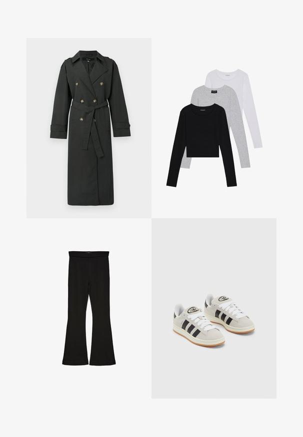 Cappotto trench verde scuro con design doppiopetto, bottoni color oro, cintura in vita e maniche lunghe con dettagli ai polsini.; Tre magliette a maniche lunghe impilate: nera, grigia e bianca. Ognuna ha un colletto rotondo e un design accorciato con tessuto morbido e leggero.; Leggings a zampa nera realizzati in un tessuto elasticizzato. Presentano una vita alta e una superficie liscia, con una silhouette aderente che si ampia all'orlo.; Sneakers in suede grigio con lacci bianchi, strisce nere e suola in gomma bianca. Presentano un logo circolare sulla linguetta e una suola in gomma.