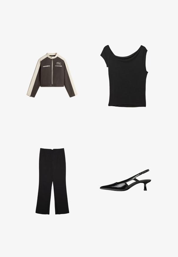 Vans RYDEN BIKER - Giacca di jeans - black; Top nero a maniche corte realizzato in tessuto liscio; presenta un colletto drappeggiato e un orlo asimmetrico, con una vestibilità aderente.; Pantaloni neri a gamba dritta, con tasche frontali e spacchi laterali all'orlo. Realizzati in tessuto morbido e liscio. Adatti a diverse occasioni.; Tacchi slingback in pelle verniciata nera con punta affusolata, design con tagli laterali e tacco quadrato piccolo. Texture liscia con dettagli minimi.