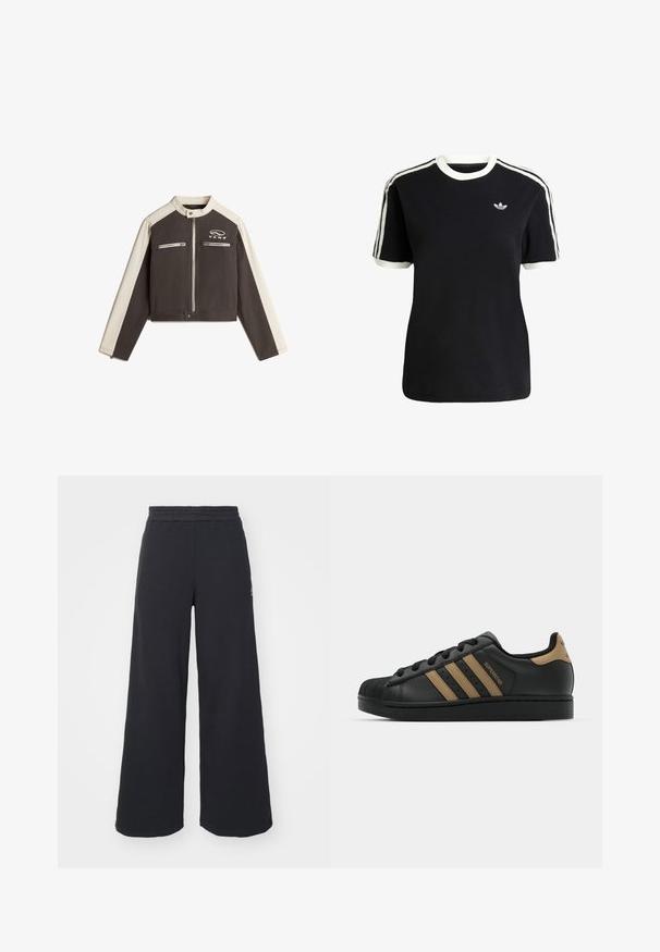 Vans RYDEN BIKER - Džínová bunda - black; Černé bavlněné tričko s bílými akcenty na límci a rukávech, které má tři bílé pruhy na každém rameni a malé logo na hrudi.; Černé široké tepláky vyrobené z měkké tkaniny, s elastickým pasem a malým logem na levé straně.; Černá kožená teniska se třemi hnědými pruhy, texturovanou gumovou špičkou, šněrováním na přední straně a plochou černou podrážkou. Obsahuje decentní logo na patě.