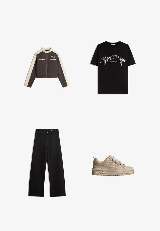 Vans RYDEN BIKER - Giacca di jeans - black; T-shirt nera in cotone con la scritta "Mostly Magic" in bianco, decorata con perle. Maniche corte, vestibilità rilassata, collo a giro.; Pantaloni in denim neri a gamba larga con vita alta, dotati di tasche anteriori e posteriori, cuciture a punto, e chiusura con bottone. Texture liscia.; Sneaker in suede beige con punta tonda, pannelli testurizzati, suola spessa e design con lacci. Presenta un tassello posteriore per una facile calzata.