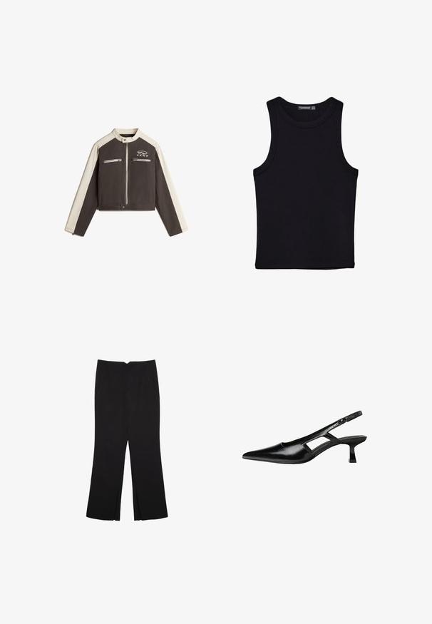 Vans RYDEN BIKER - Farkkutakki - black; Musta hihaton paita, joka on valmistettu puuvillasta, ja jossa on pyöreä kaula-aukko sekä leveät kainaloaukot. Silkkinen pinta ja ommellut reunat. Klassinen, minimalistinen muotoilu.; Mustat housut suoralinjaisella leikkauksella, joissa on etutaskut ja sivurei'ät helman alla. Valmistettu pehmeästä ja sileästä kankaasta. Sopii eri tilaisuuksiin.; Mustat lakatut nahkakengät, joissa on viistopää, leikattu sivusuunnassa ja pieni neliökoroke. Sujuva pinta, jossa on minimaalinen koristelu.