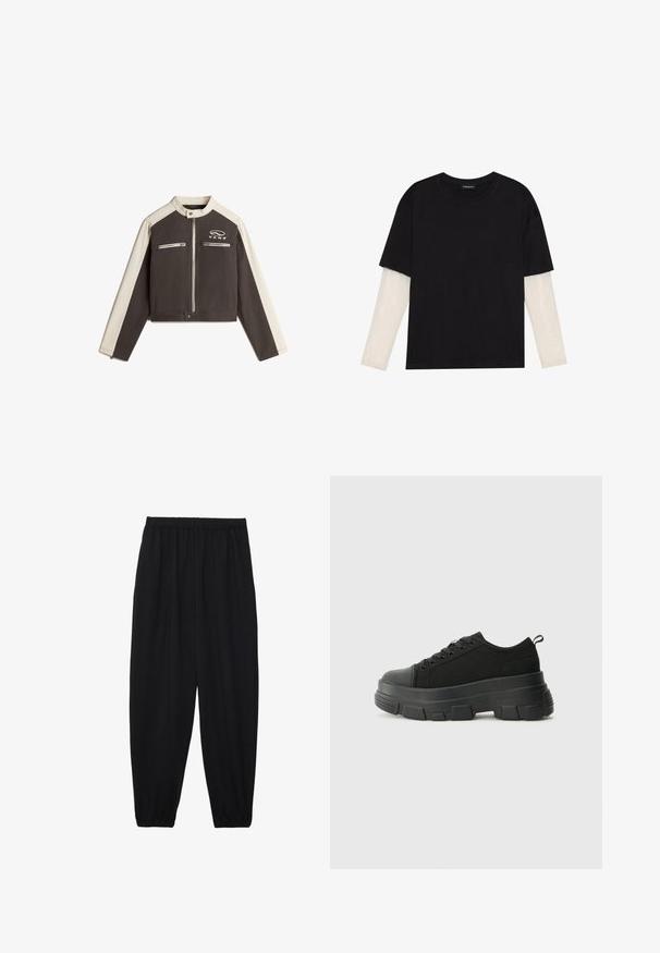 Vans RYDEN BIKER - Giacca di jeans - black; T-shirt nera in cotone con maniche corte sopra un sotto manica lunga bianca, caratterizzata da una sottile texture. Design con scollo rotondo.; Pantaloni neri leggeri con vita elastica e caviglie arricciate. Il tessuto è liscio e presenta un design rilassato e affusolato.; Sneaker nere con suola in gomma spessa, superiore in tessuto testurizzato, punta rotonda e design con lacci. Presenta occhielli rinforzati e linguetta sul retro.